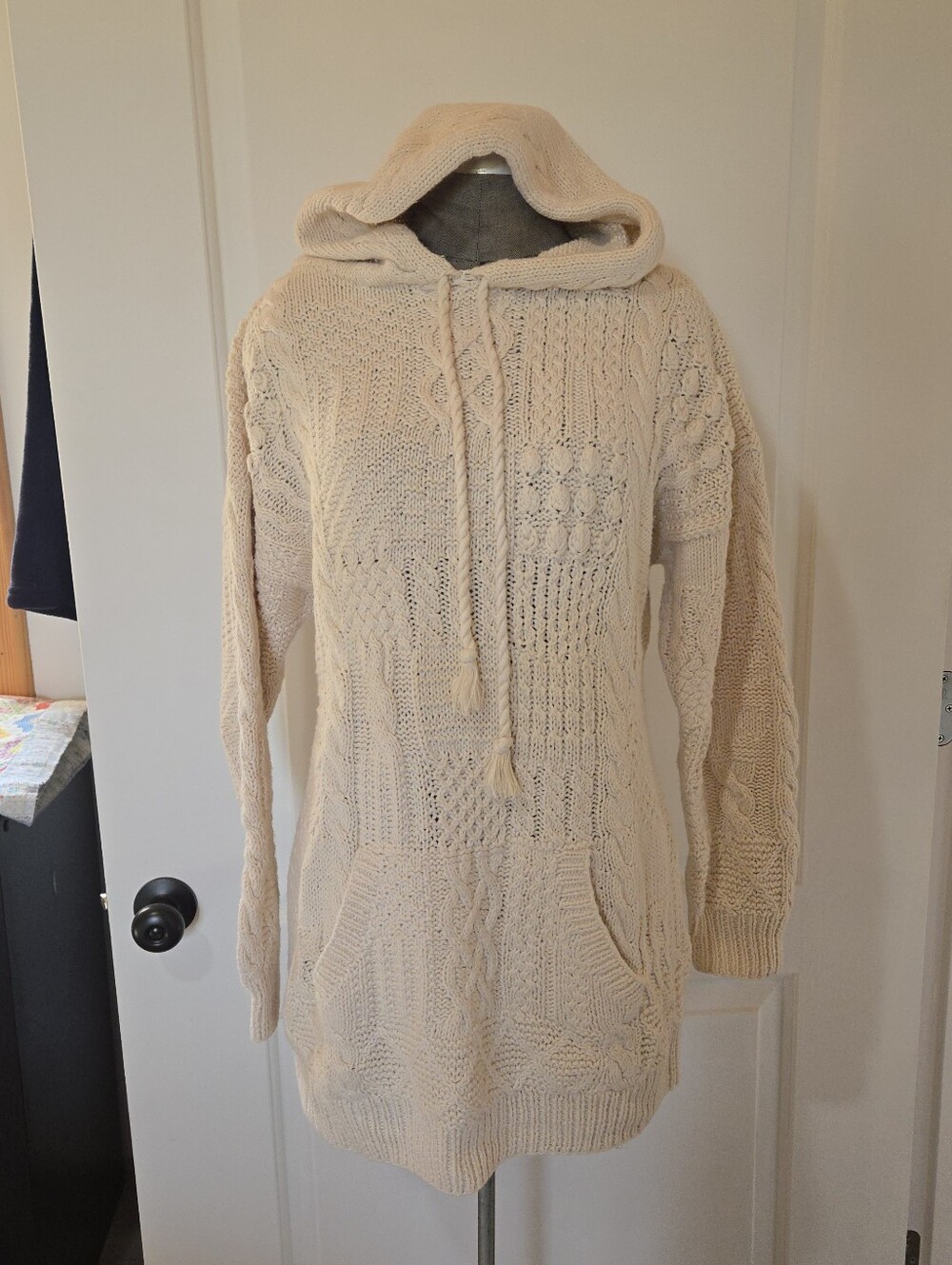 Cape Isle Knitters Hand Knitted Cozy Cream Hooded Cable Knit Sweater, ONE SIZE